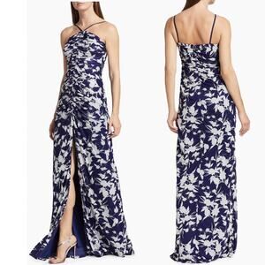 ML Monique Lhuillier Blue White Giuliana Floral Ruched Boho Maxi Dress Womens 0